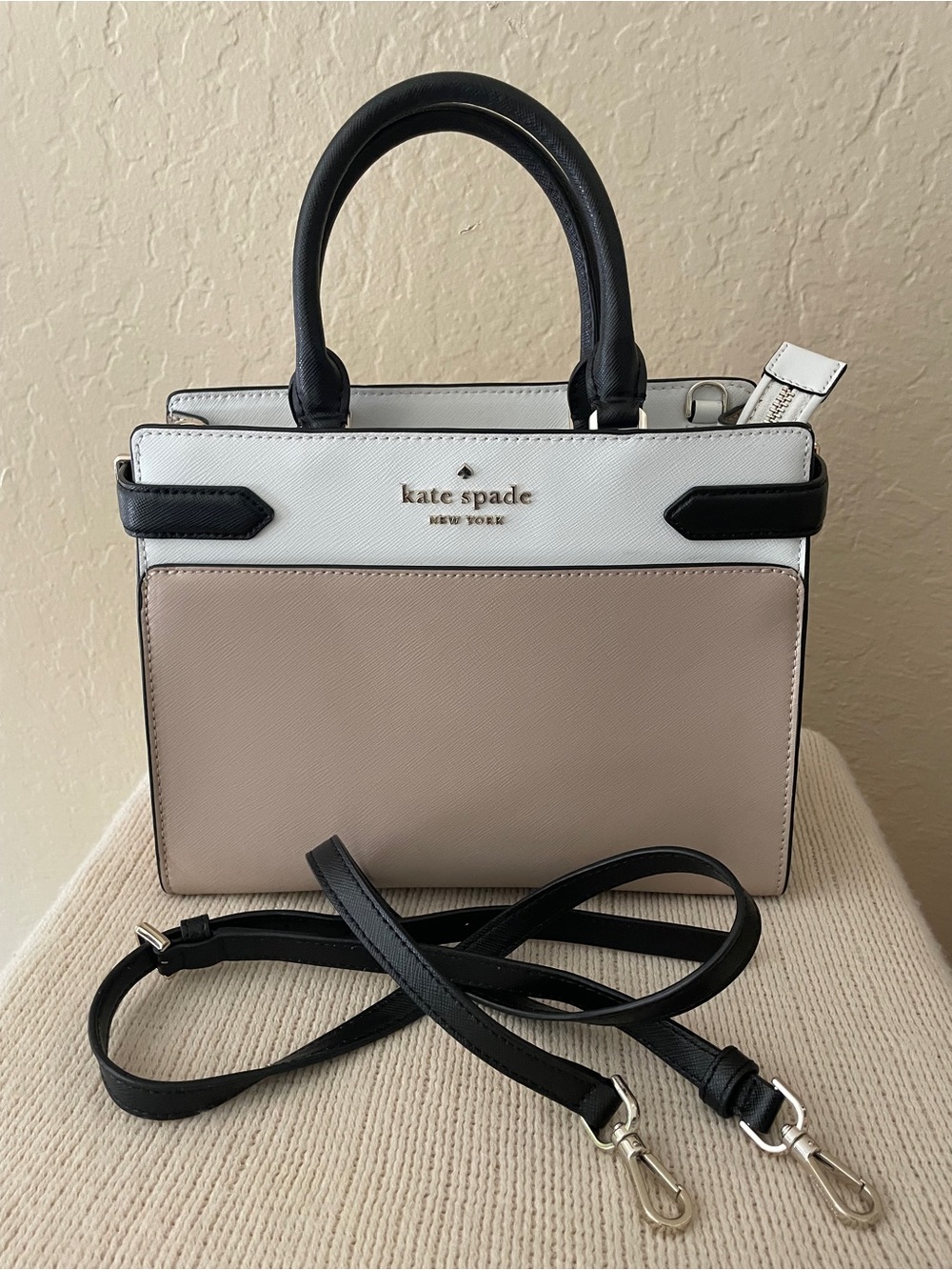 kate spade Beige, White & Black Leather Satchel - Picture 2 of 8